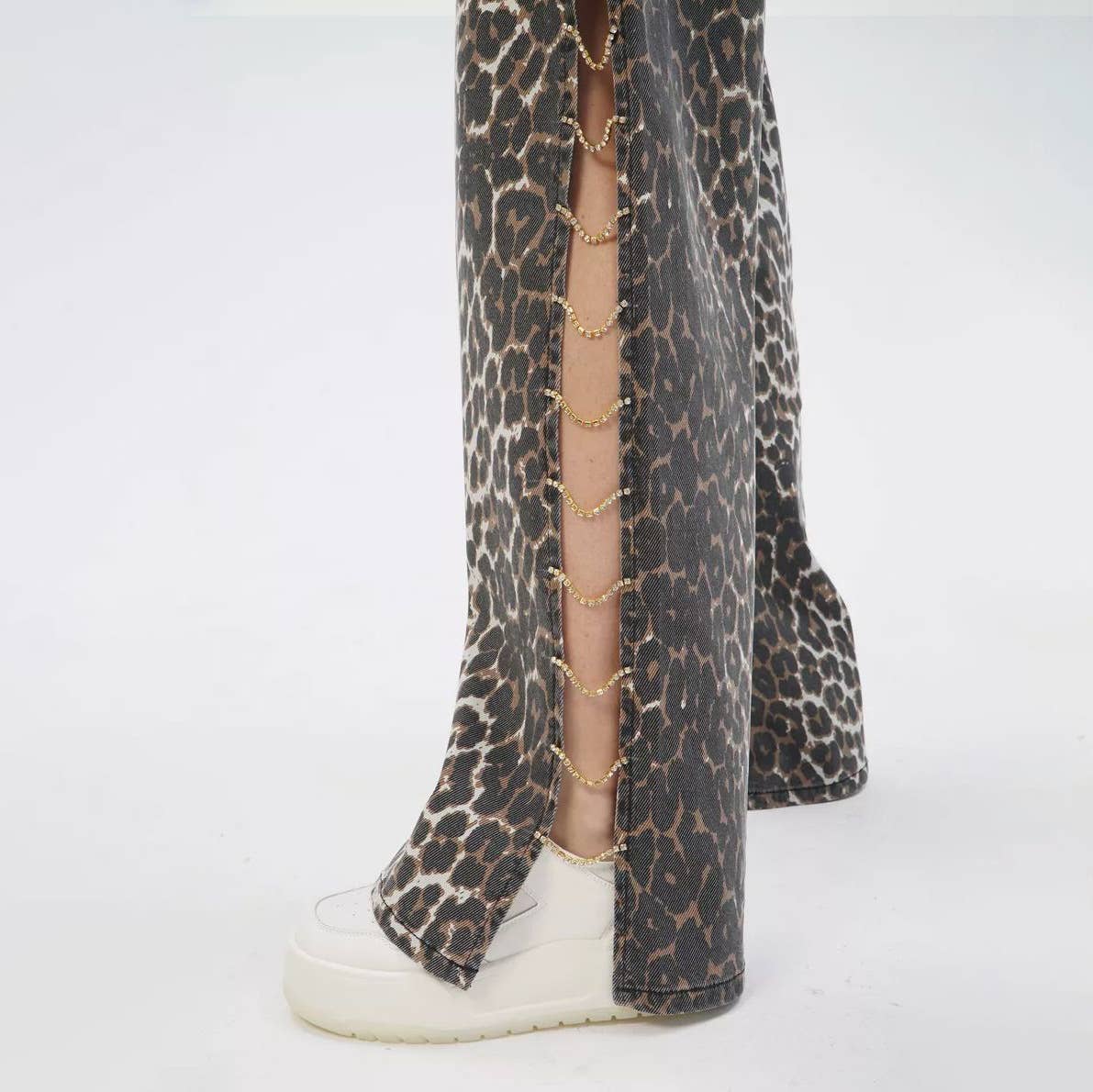 Luipaard Jeans met luipaardprint voor dames, losse, lage taille, zijsplit, casual voor groothandel op Faire8