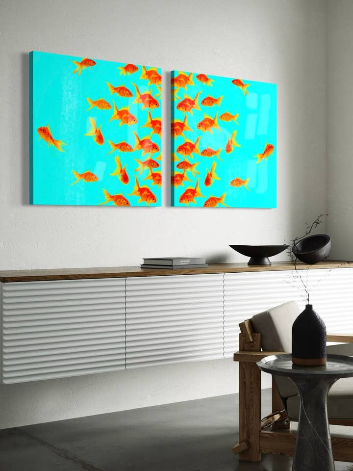 Türkis & Goldfisch Leinwand Wandkunst – Sonnenstrahl Schwimmen für den Großhandel von David Stesner ArtHouse