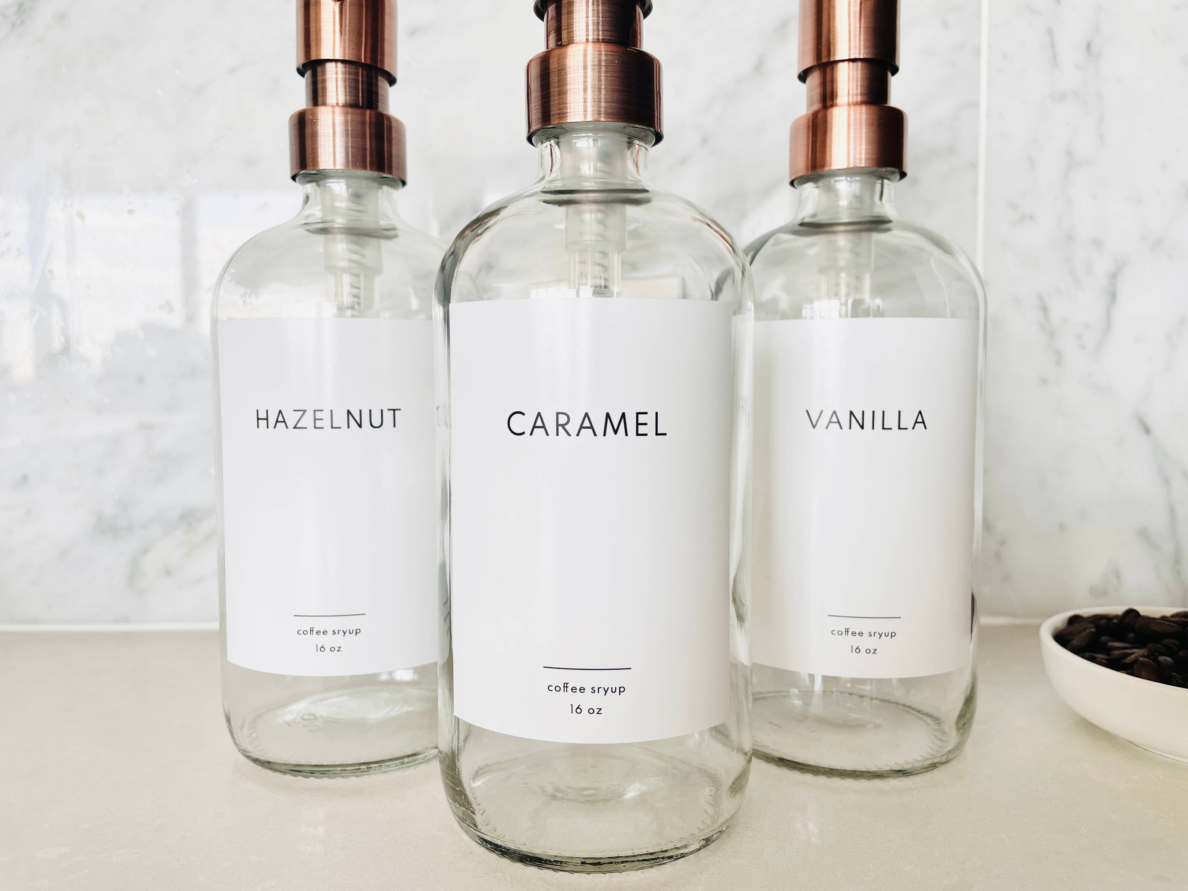 The Little Spruce Home - Wholesale Cocktail Shaker - 16 oz Clear Glass Coffee Syrup Bottles - Minimalist Labels2