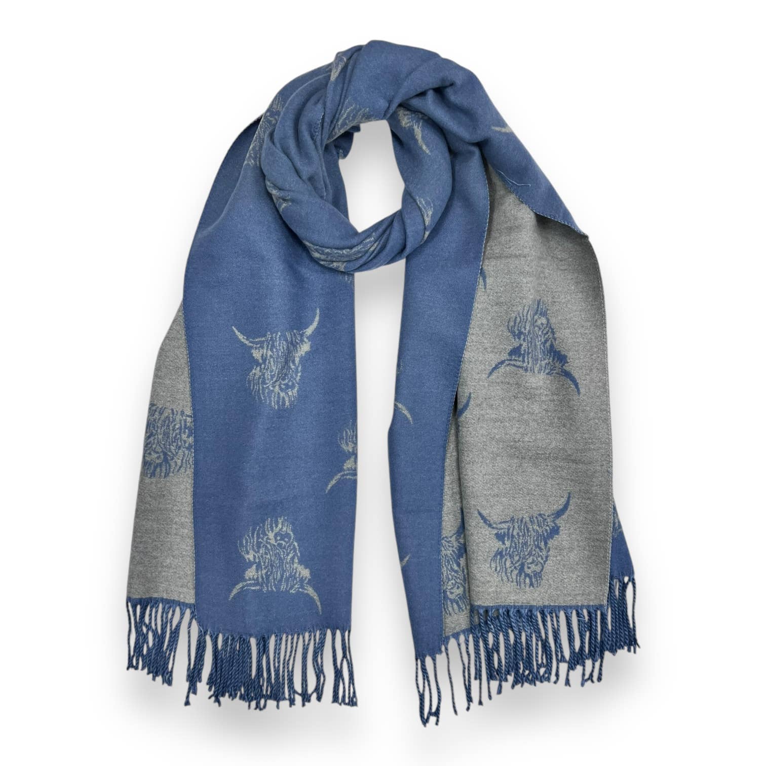 London Scarves - Wholesale Scarf - Women's - Highland cows on cashmere blend scarf finished with tassels2