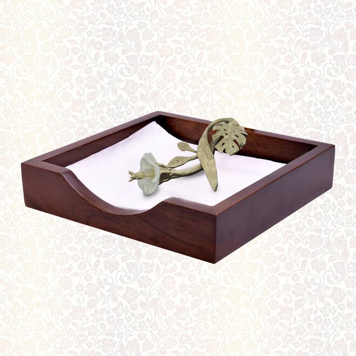 Wooden Napkin Holder Metal Arm in White Gold finish Cos for wholesale on Faire1