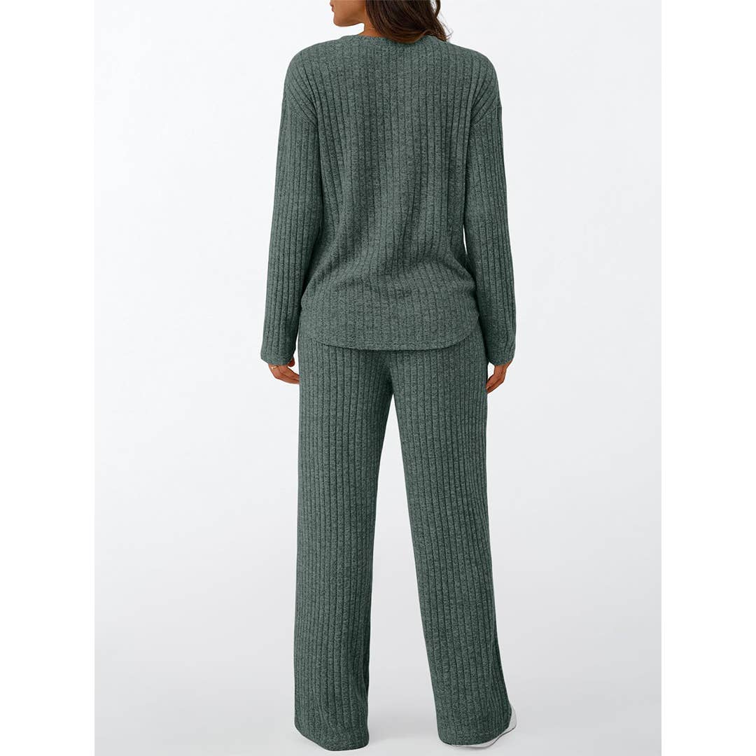 UNISHE - Vente Ensemble de vêtements d'intérieur – femme - Ensemble de pyjama à manches longues côtelées avec boutons et pantalon AXY03911