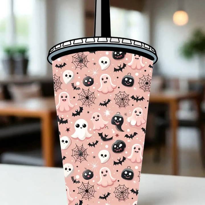 Sip Sleeves ~ Insulated Cup Sleeves and Drink Accessories - Wholesale Drink Huggers & Koozies - 30 OZ Pink Spooky Ghosts Insulated Cup Cover Sip Sleeve Fits 30-40 OZ Cups1