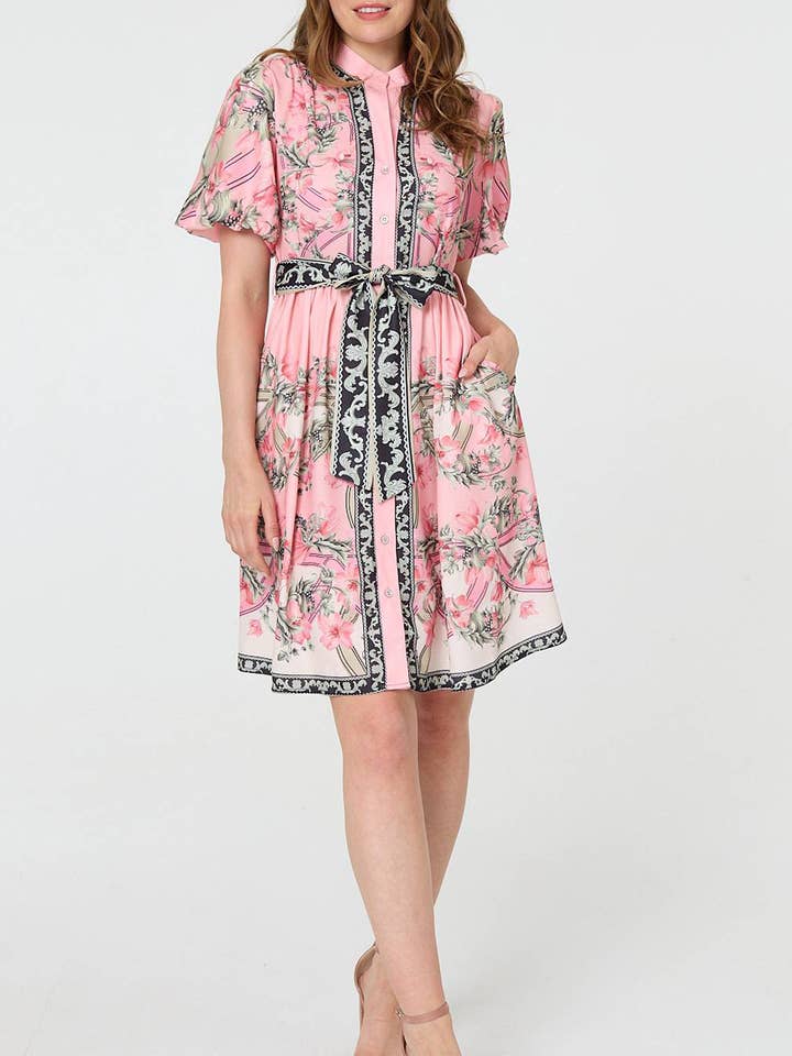 Vestido curto com gola alta e estampa de borda por atacado de Stellalondon