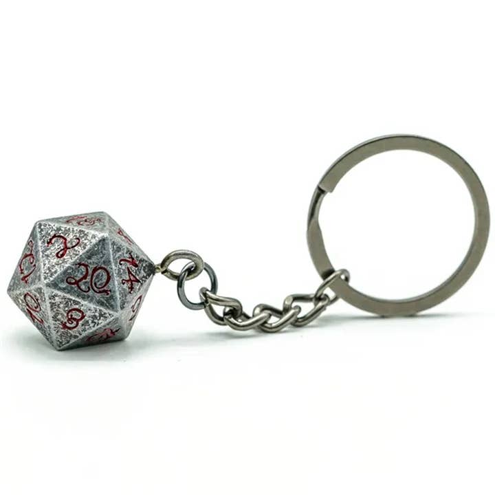 Tabletop Dominion Limited - Wholesale Keychain – Unisex - Keyring: Stone Effect Metal D20 Dice with Bloody Font D&D3