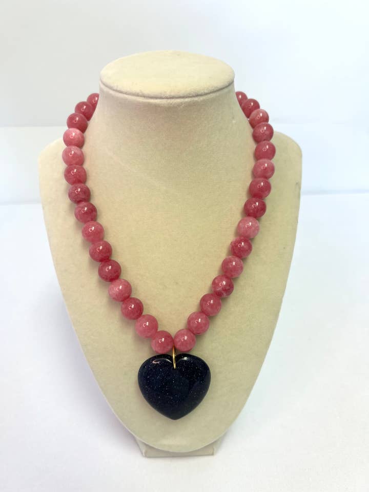 Pink Beaded Necklace with Black Heart Pendant for wholesale by Merritt Millie