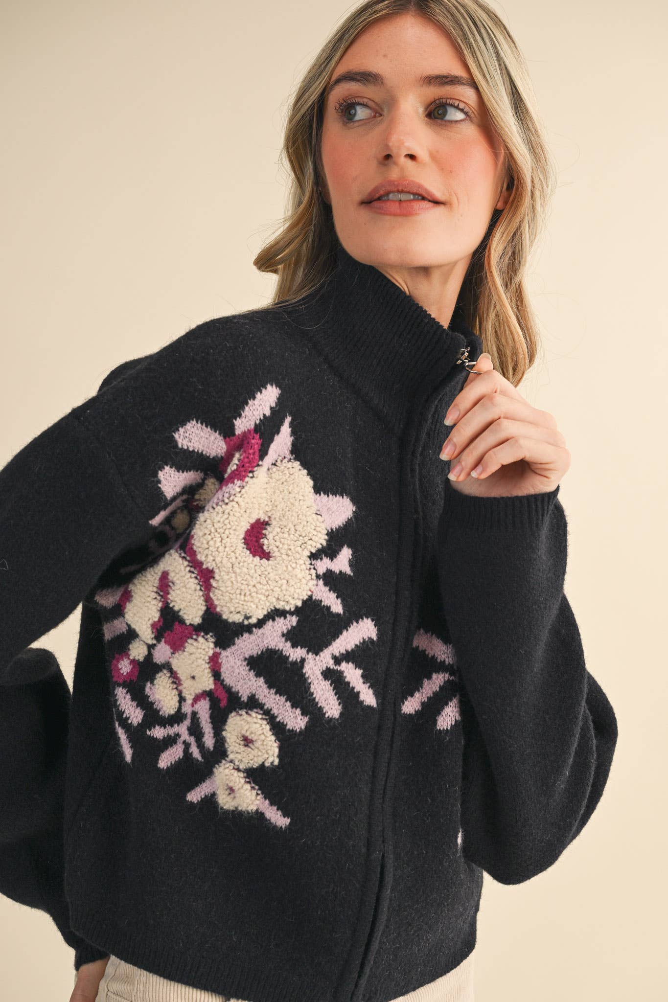 &MERCI - Wholesale Cardigan - Women's - FLORAL ZIP UP SWEATER CARDIGAN MSW111882