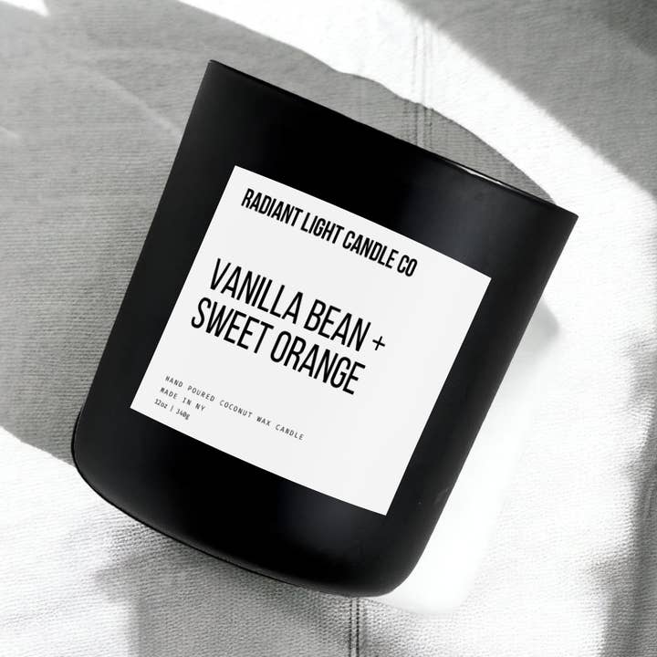 Vaniljböna + Söt Apelsindoftande 12oz Svart Glascylinderljus för wholesale av Radiant Light Inc