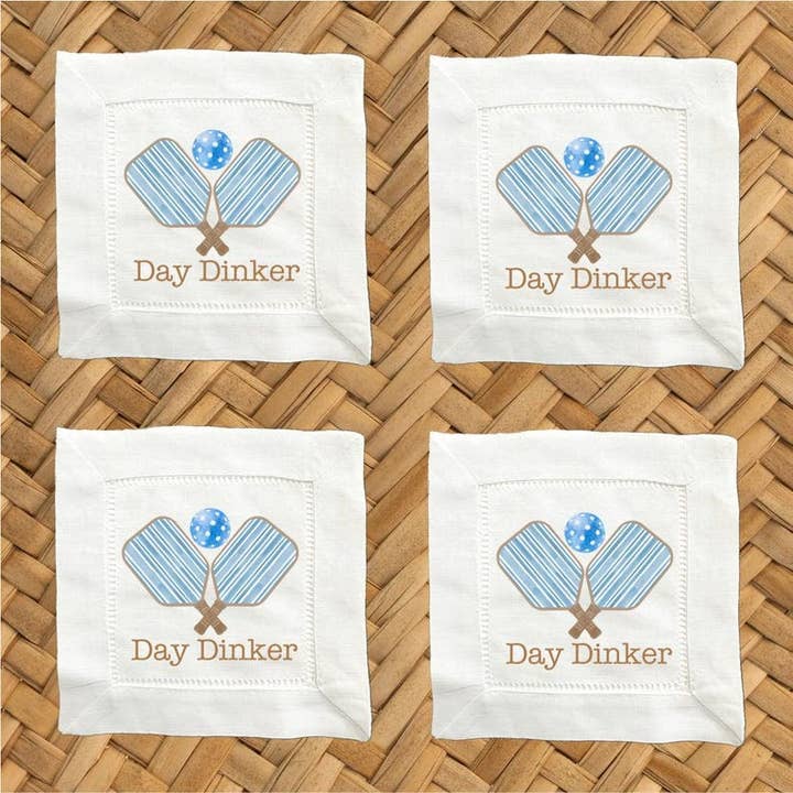 Day Dinker Blue Pickleball Linen Cocktail Napkins - 6 x 6 Inch Cloth Hemstitch Fabric Napkins - Set of 4 for wholesale by Moman Sales, Inc.