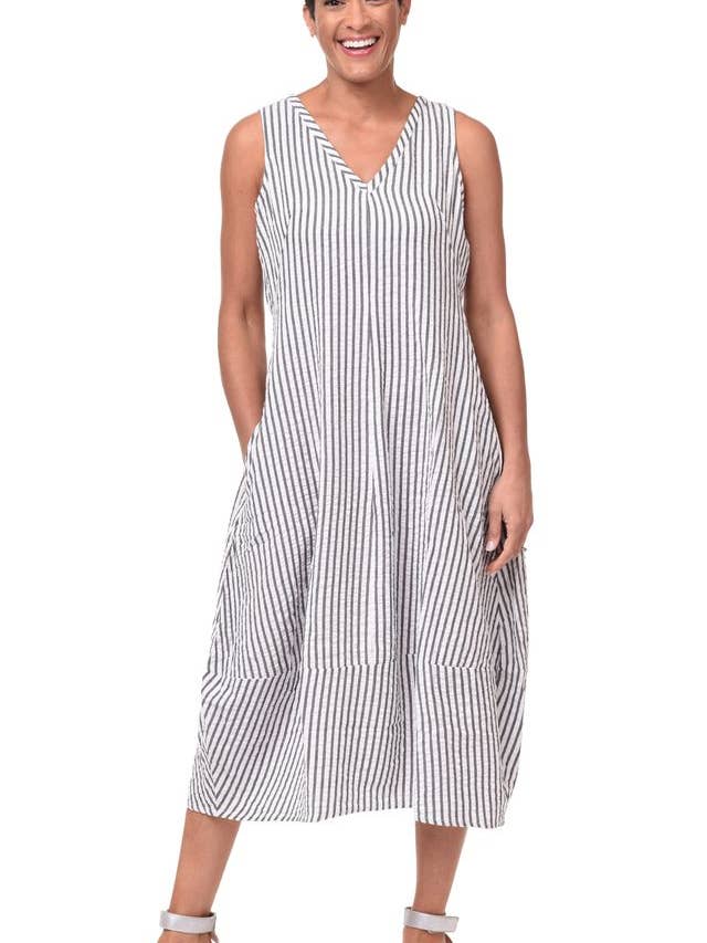 CV1088 Patton Dress in Murphy Seersucker Stripe* for wholesale by Tulip Clothing