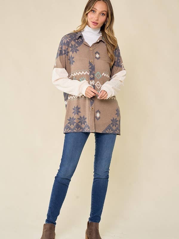 lovely melody - Wholesale Shirt Jacket/Shacket - Women's - LMT3653-Snowflake shacket Print11