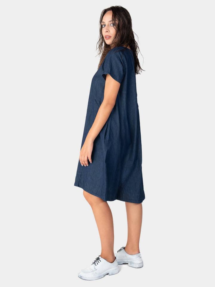 Indigo Round Neck Denim Day Dress for wholesale on Faire