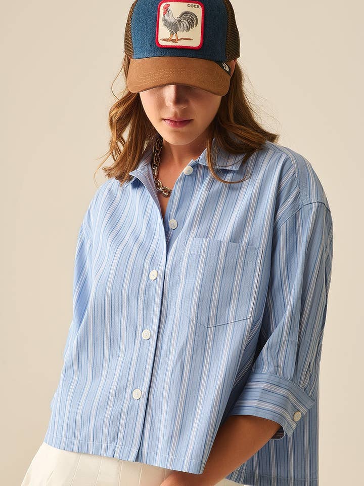 Relaxed fit Cropped Striped Shirt in Blue for wholesale on Faire