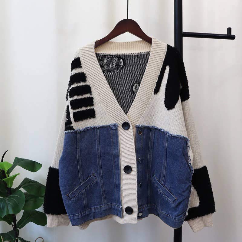 Productseeker - Wholesale Knit Top - Women's - JK104 Patchwork Denim Knitted Cardigan Sweater Jacket3