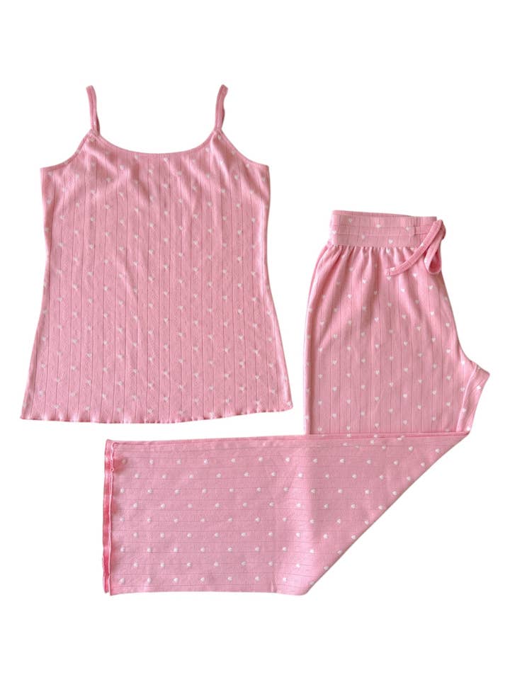SIIX Collection - Wholesale Lounge Set - Women's - Pink with White Heart / Organic Pointelle Women's Cami Lounge Set