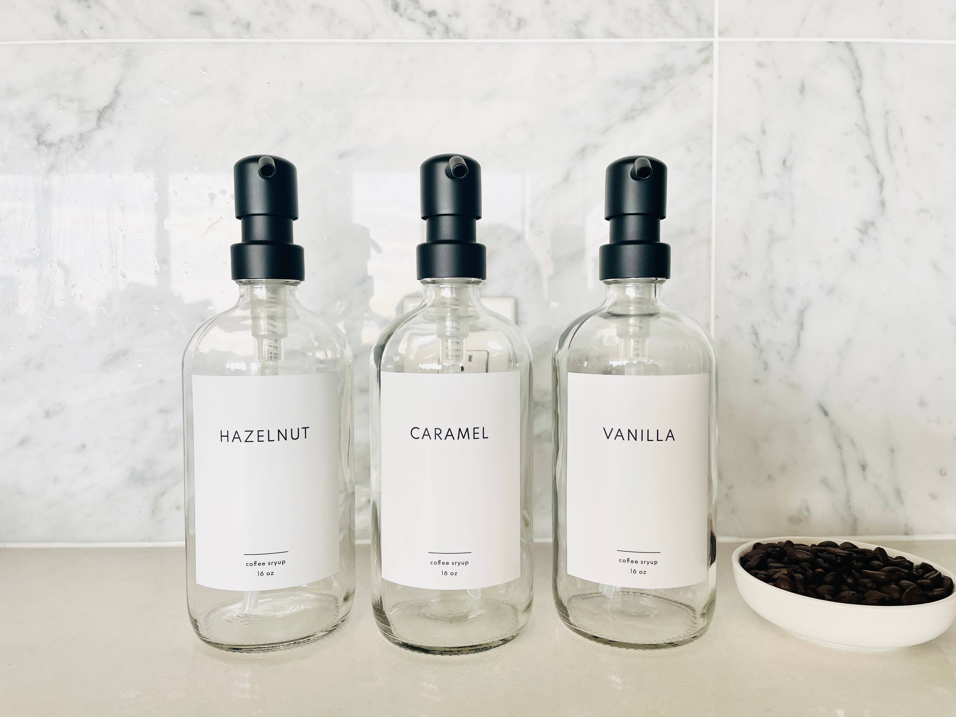 The Little Spruce Home - Wholesale Cocktail Shaker - 16 oz Clear Glass Coffee Syrup Bottles - Minimalist Labels3