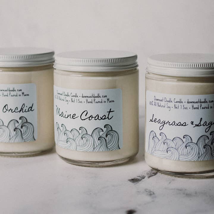 Coastal Waves Clear Jar Natural Soy Candle for wholesale by Downeast Doodle Candle Company, LLC