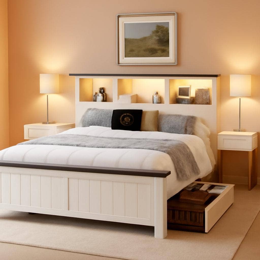 White King Size Bed Frame With Storage Drawers And LED Charging Station for wholesale on Faire0