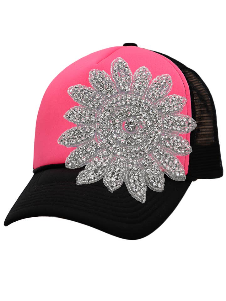 Trucker-Hut mit Strassverzierung in Sonnenblumenform für den Großhandel von Cap Zone