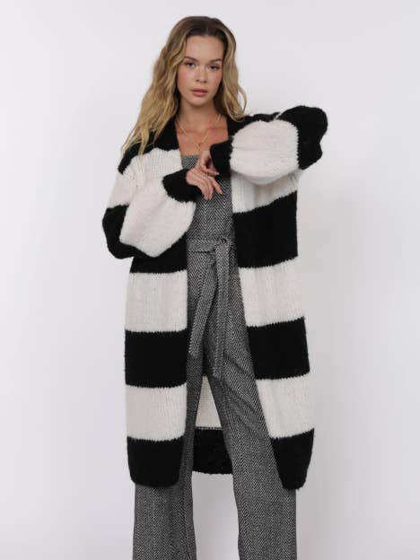Suki Bubble Sleeve Wide Stripe Duster Cardigan : BLACK WHITE for wholesale by Sage The Label