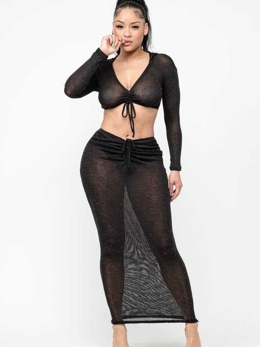 Set aus transparentem Strick mit Kapuze und Maxirock für den Großhandel von Belita Collection