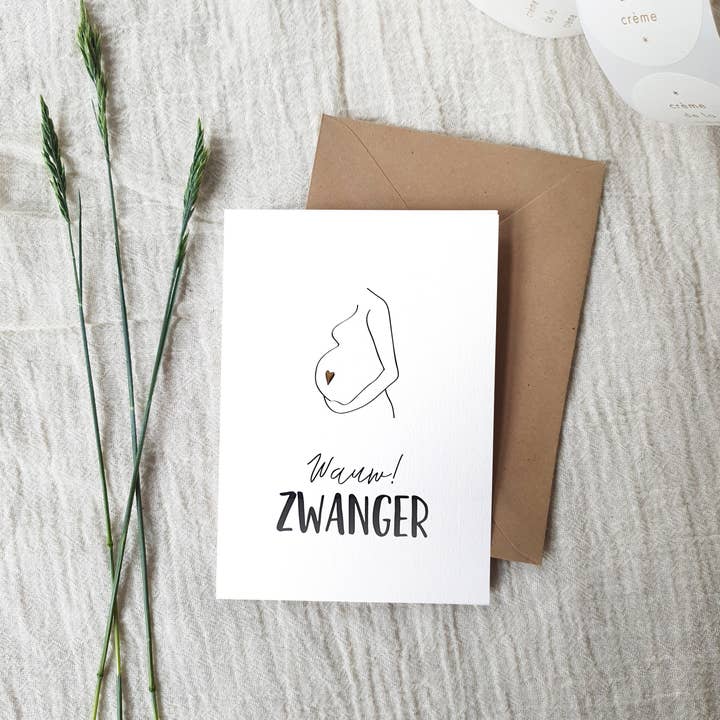 Double greeting card + envelope | Wow! Pregnant | Gold Foil for wholesale by Studio Hoeked