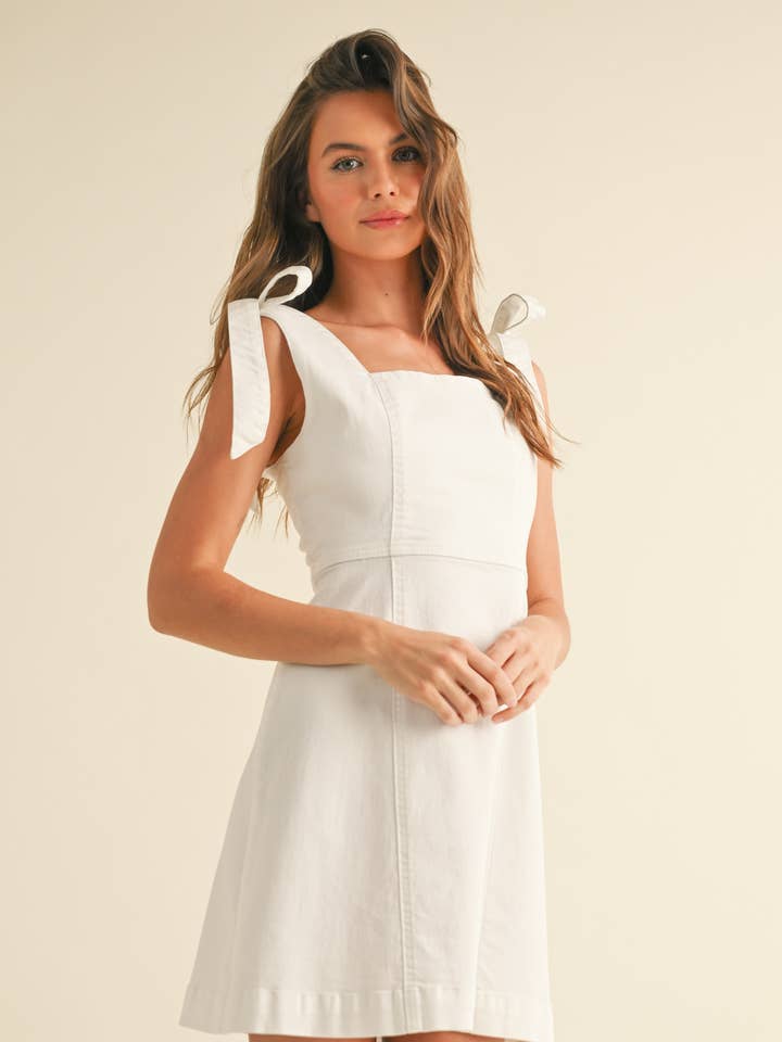 White D4567 STRETCH COTTON TIE ON SLEEVE DRESS for wholesale on Faire