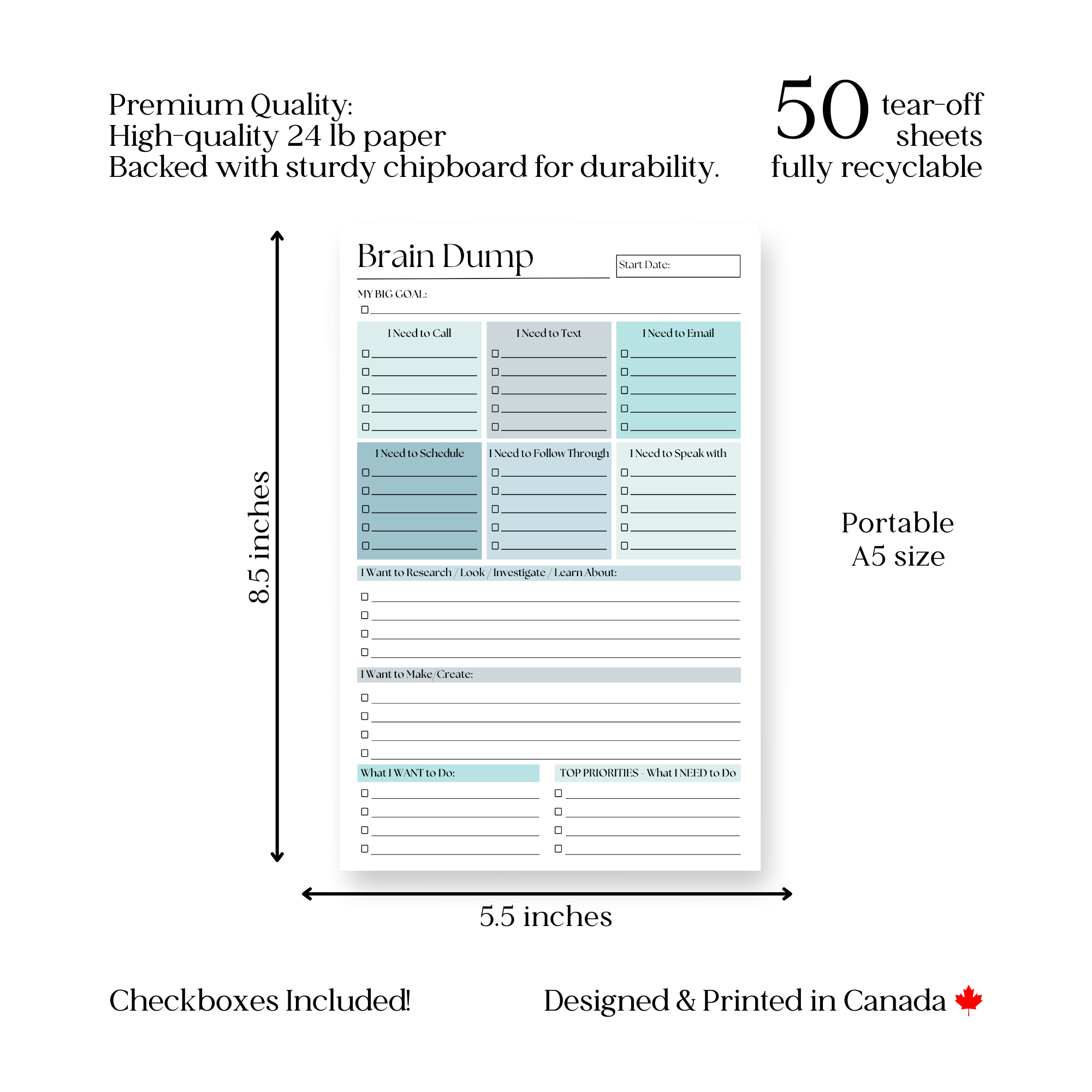 Eleventh and Taylor - Venta al por mayor Libretas - Bloc de notas para volcar ideas: Planificador diario para TDAH de 50 páginas en azul4
