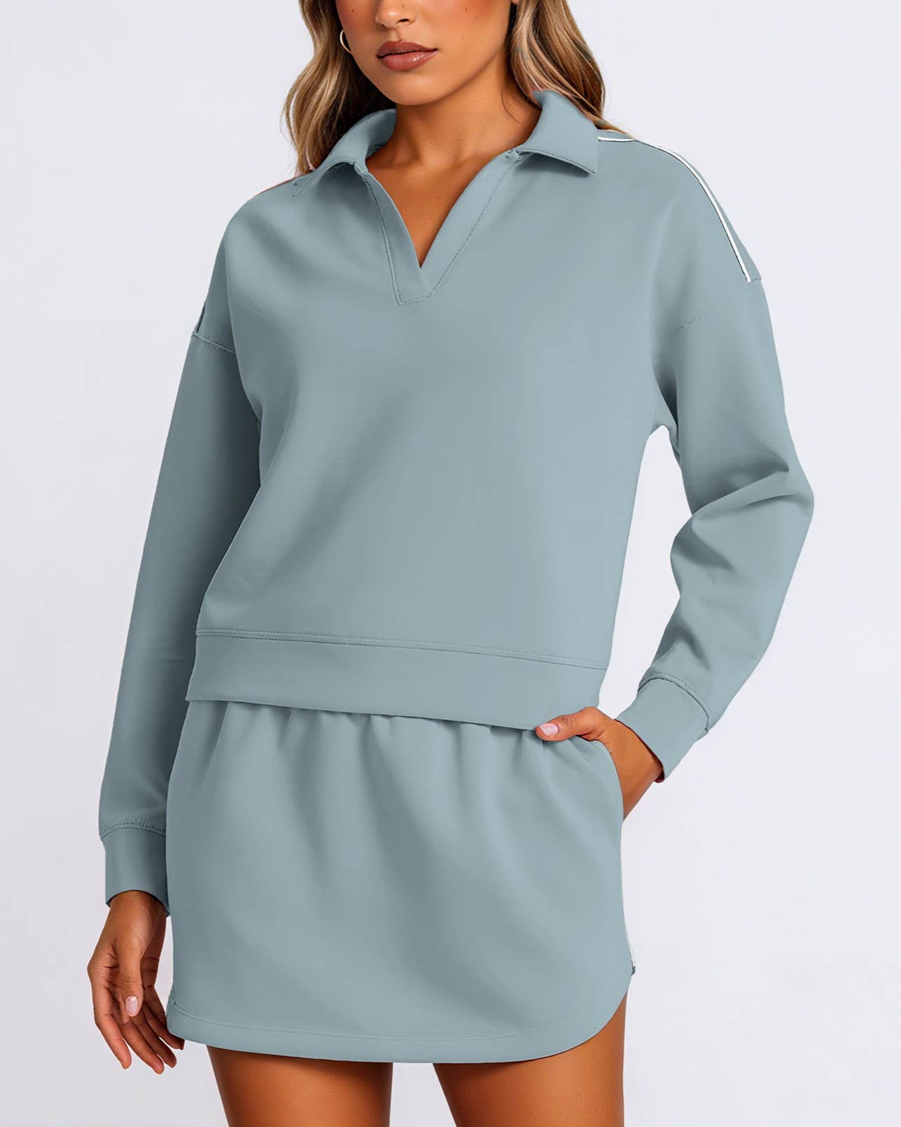 Rosa Clothing - Wholesale Top & Skirt Set - Women's - Lapel Collar Pullover Top & Lining Skirt Athleisure Set9