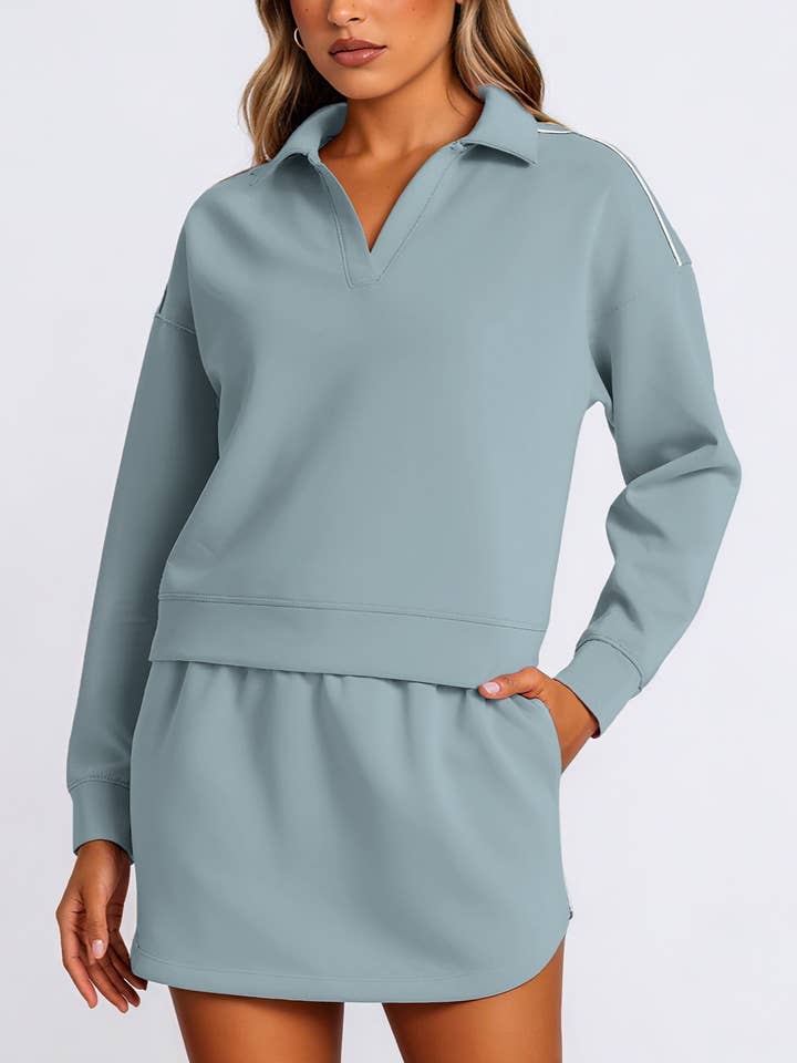 Rosa Clothing - Wholesale Top & Skirt Set - Women's - Lapel Collar Pullover Top & Lining Skirt Athleisure Set9