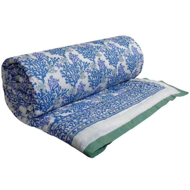 Coral Multi Blue Hand Quilted Reversible Block Print Quilt for wholesale by Ayras World