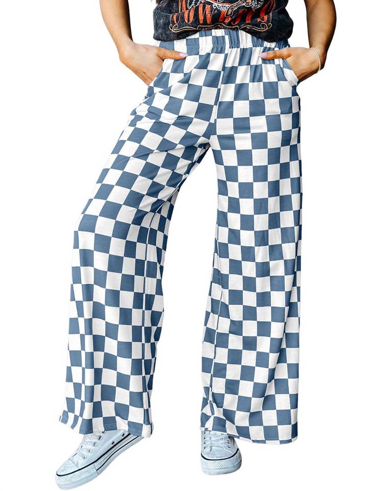 Rosa Clothing - Wholesale Pants - Women's - Casual Plaid Elastic Waist Wide Leg Pants
