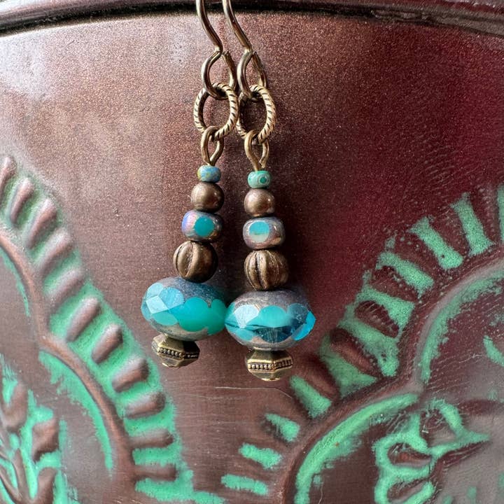 Aquamarine Glass Bead Earrings, Turquoise Teal Ocean Colors for wholesale by Vintage Earth