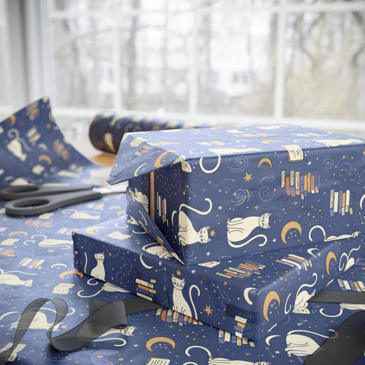 Lokipawz - Wholesale Flat Wrap - Purrfectly Bookish – Celestial Cat & Cozy Library Wrapping Paper2