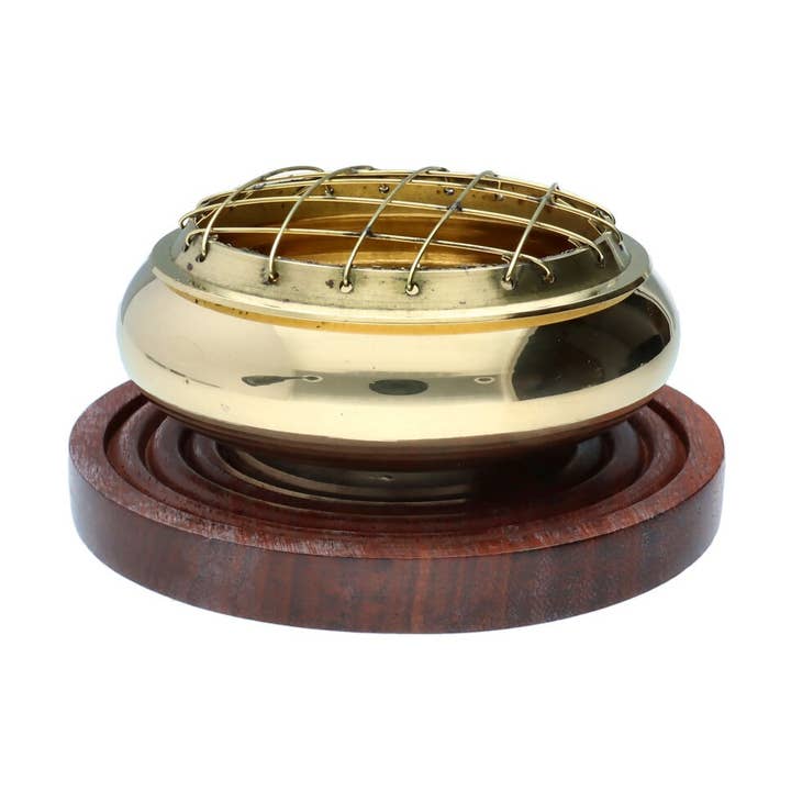 Quemador de incienso pequeño de bronce rallado con base de madera ( para venta al por mayor de Vives de la Cortada S.L