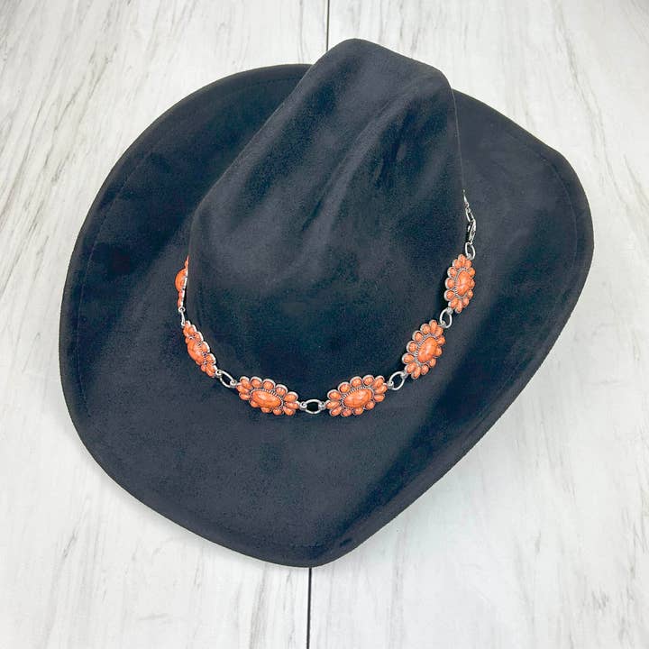 HATC030224-05 in metallo ovale argentato con catena decorativa a cappello in pietra arancione. per la vendita all'ingrosso da parte di Western Elite Jewelry