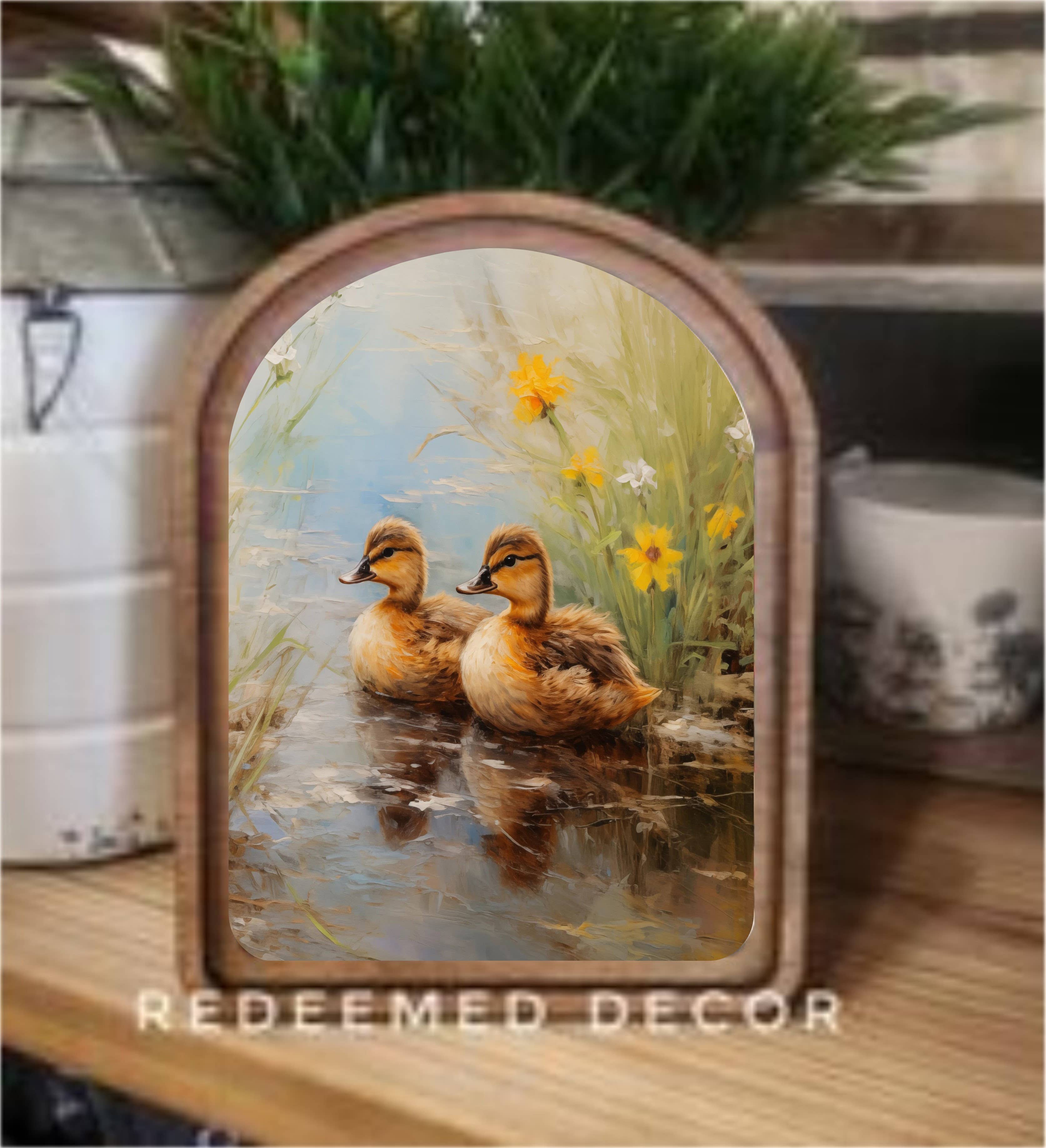 Redeemed Decor - Wholesale Wood Wall Art - Arch Top Spring Ducklings Framed Art