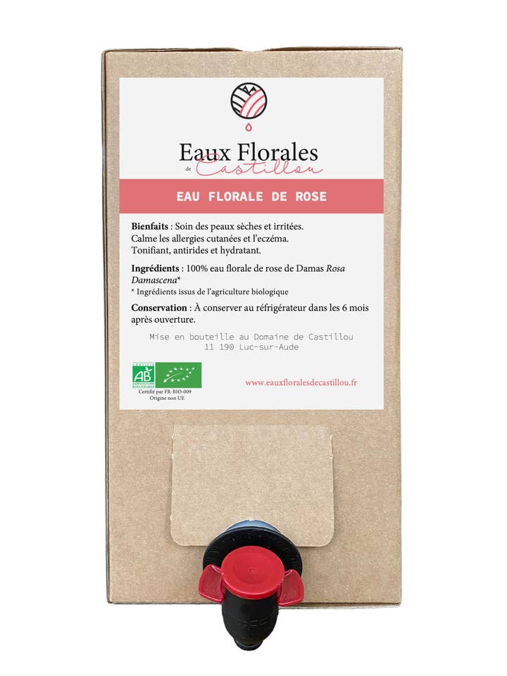 Bio-Rosenblütenwasser aus Damast - Bag-in-Box 3L für den Großhandel von Eaux Florales de Castillou