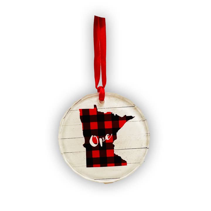 Minnesota Buffalo Plaid Ope Round Glass Ornament for wholesale by Token Atelier