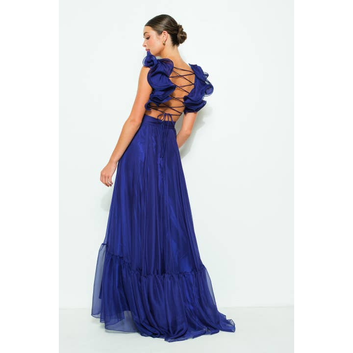 DEEP VIOLET Chiffon Ruffle Shoulder V Neck Maxi Dress for wholesale on Faire