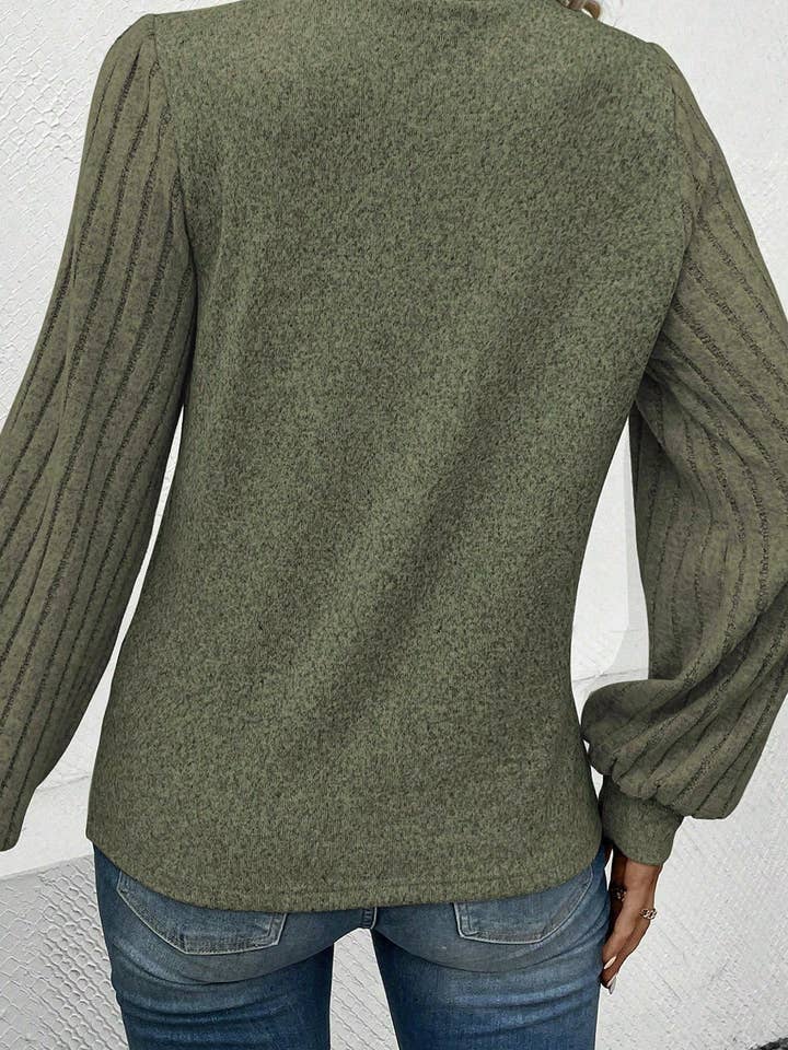 Jungle Green Contrast Ribbed Bishop Sleeve Top for wholesale on Faire