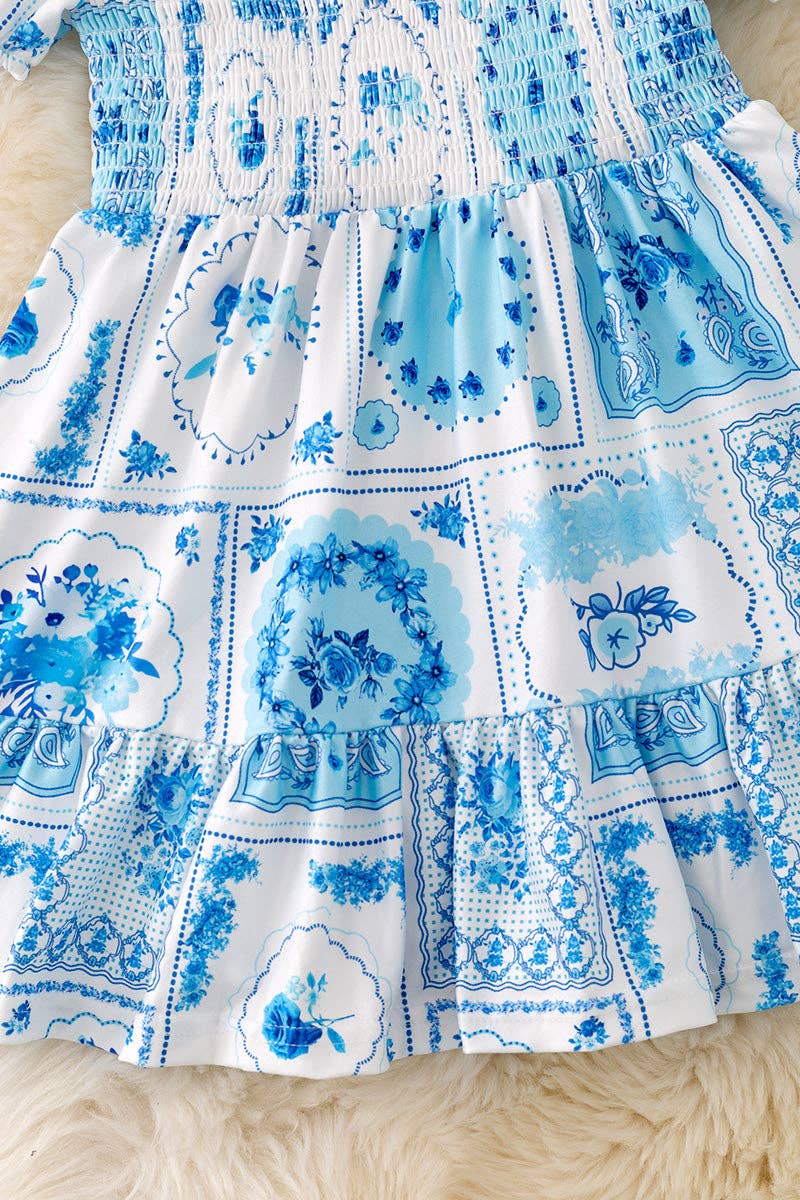 Kids Charm Online - Wholesale Dress - Kids - Blue accent/ multi printed patch dress with ruffle hem. DRG43466 N2