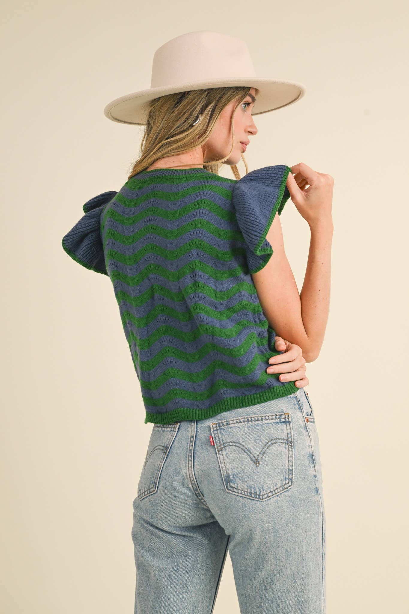 &MERCI - Wholesale Knit Sweater - Women's - WAVY STRIPES FLUTTER SLEEVE SWEATER TOP MSW1050993