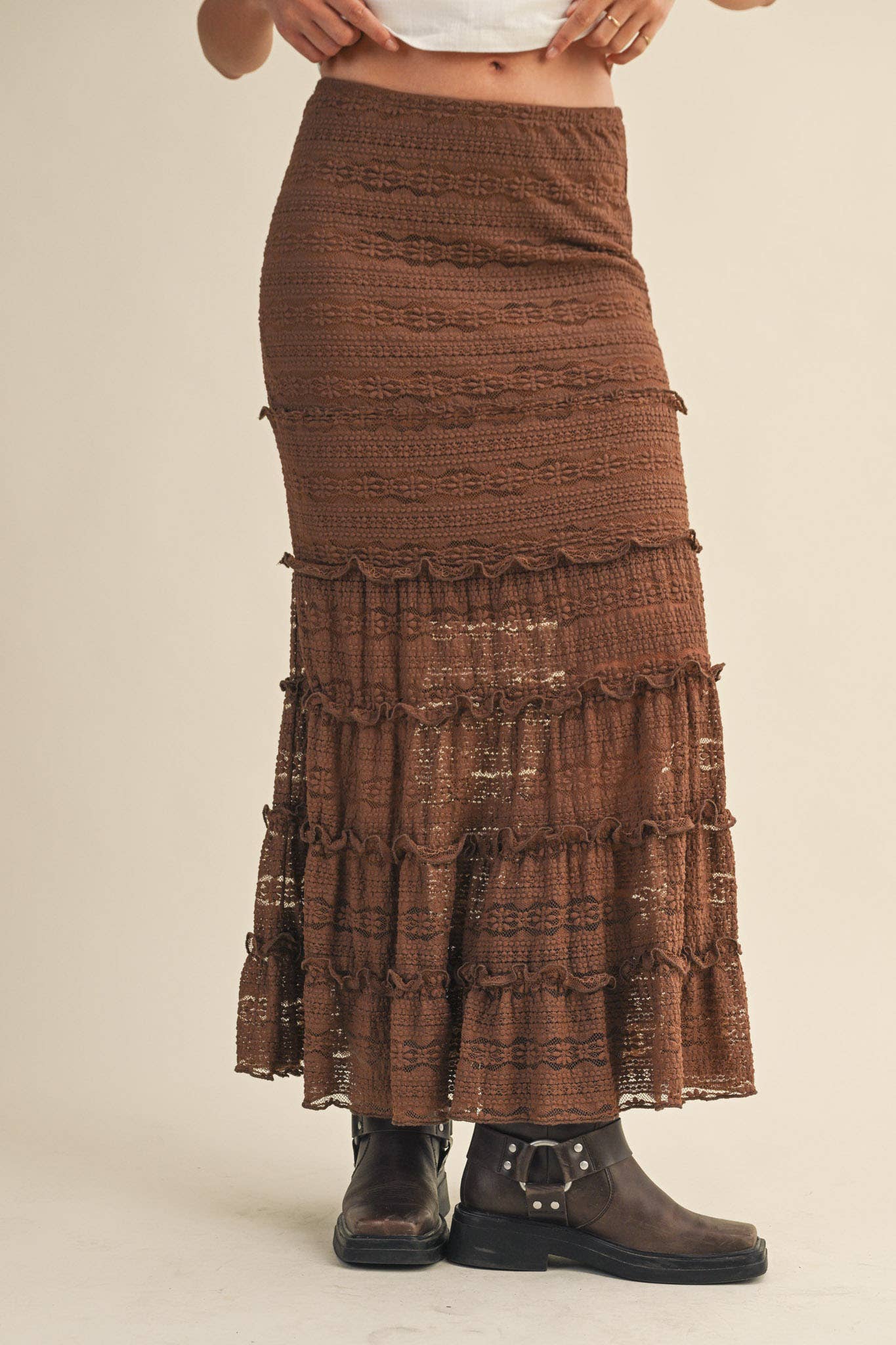 &MERCI - Wholesale Skirt - Women's - LACE TIERED RUFFLE TRIM MERMAID MIDI SKIRT MSK439510