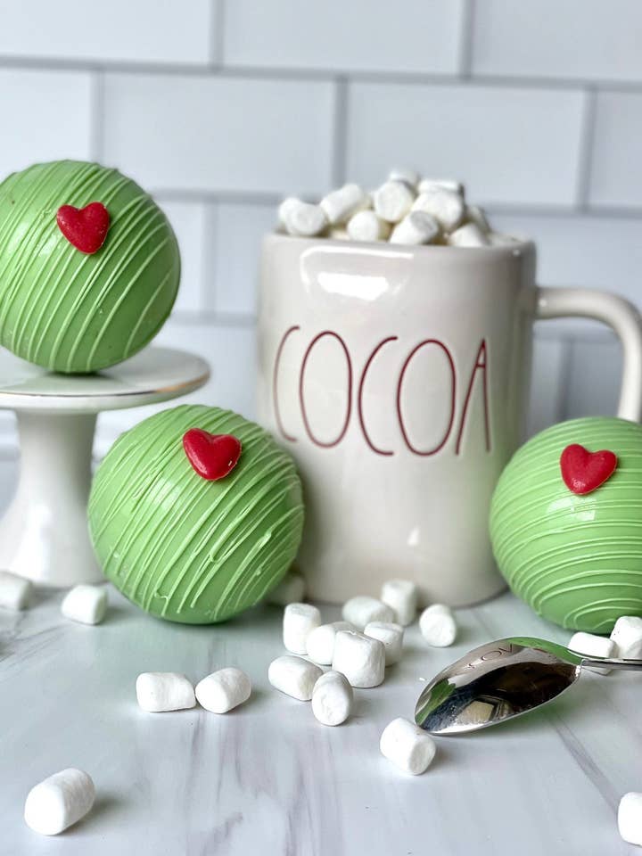 Grinch Inspired Hot Chocolate Bombs for wholesale by Chocolates Unlimited by Denise