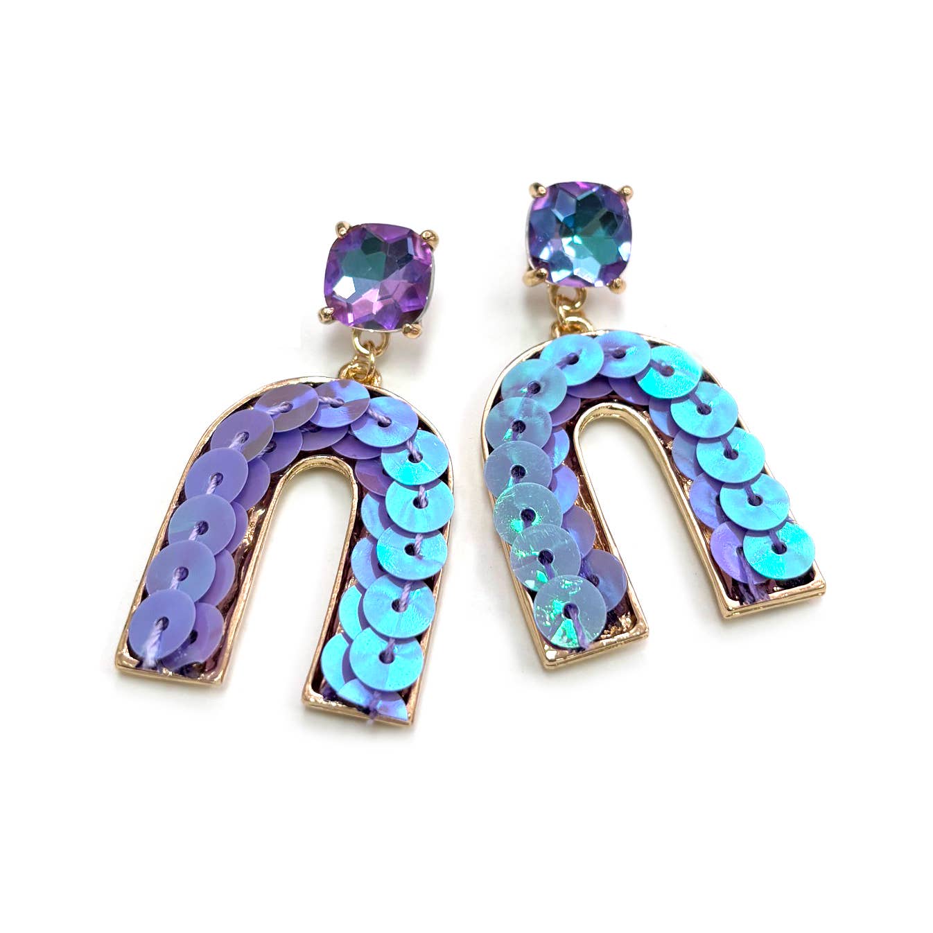 StarryNYC - Wholesale Dangle Earrings - Cushion Cut Stone Post with Arch Sequin Dangle Earrings1