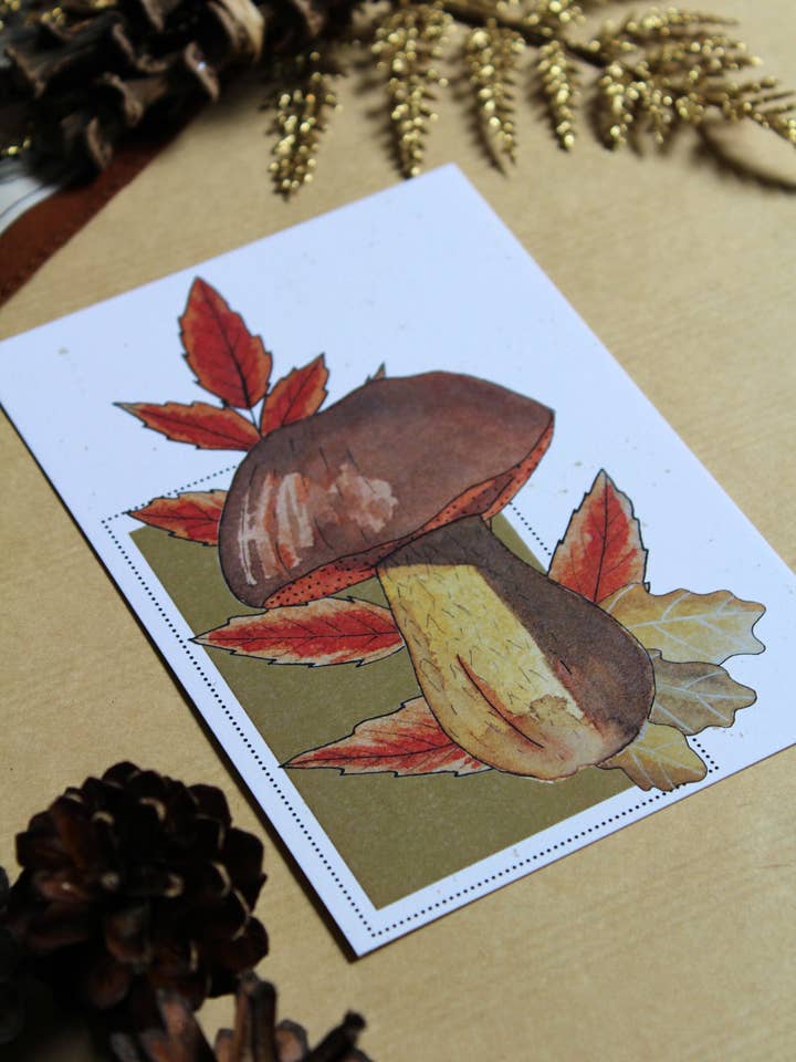 Aquarell-Postkarte blasser Herbstpilz Vintage für den Großhandel von Au cœur des lunes