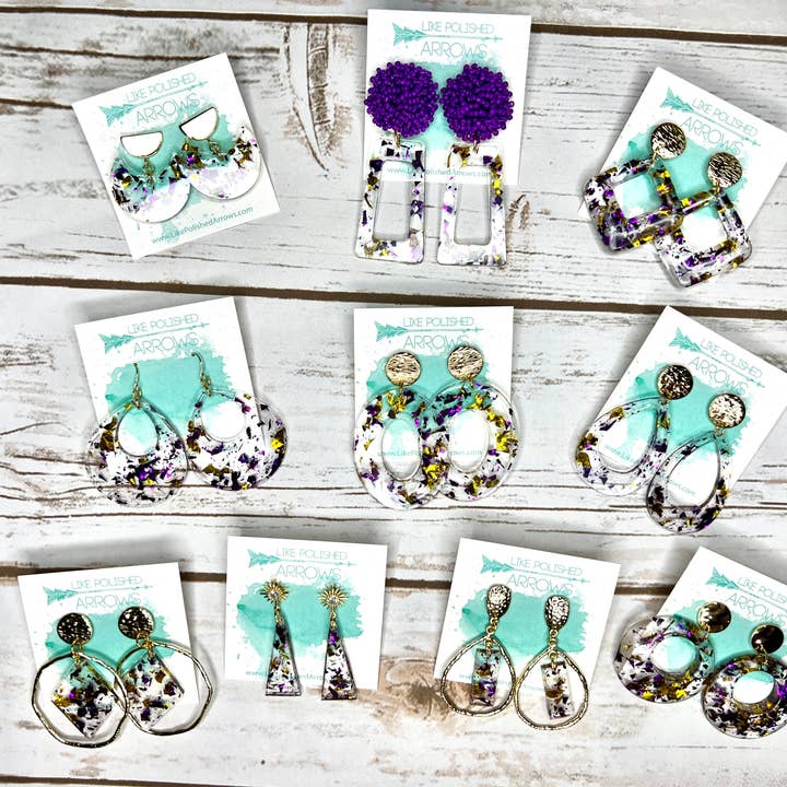Like Polished Arrows, LLC - Wholesale Jewelry Set - Gameday Purple and Gold School Colors Resin Foil Earrings2