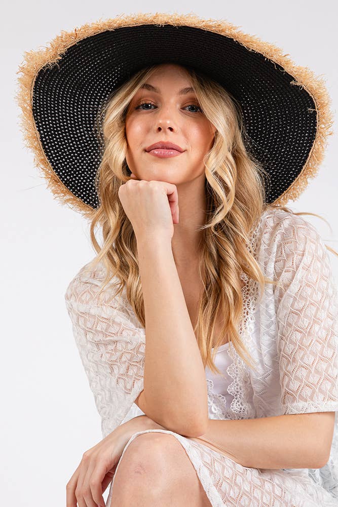 Hana - Vendita all'ingrosso Cappello di paglia - Donna - Cappello Estivo di Paglia a Tesa Larga Bicolore con Bordo Sfilacciato14