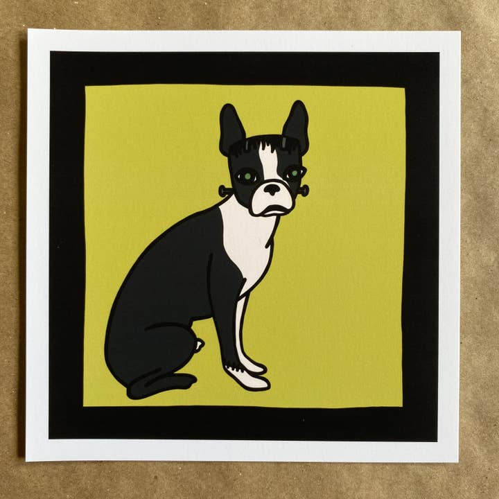 Boston Terrier Frankenstein square art print for wholesale by AnneArchy